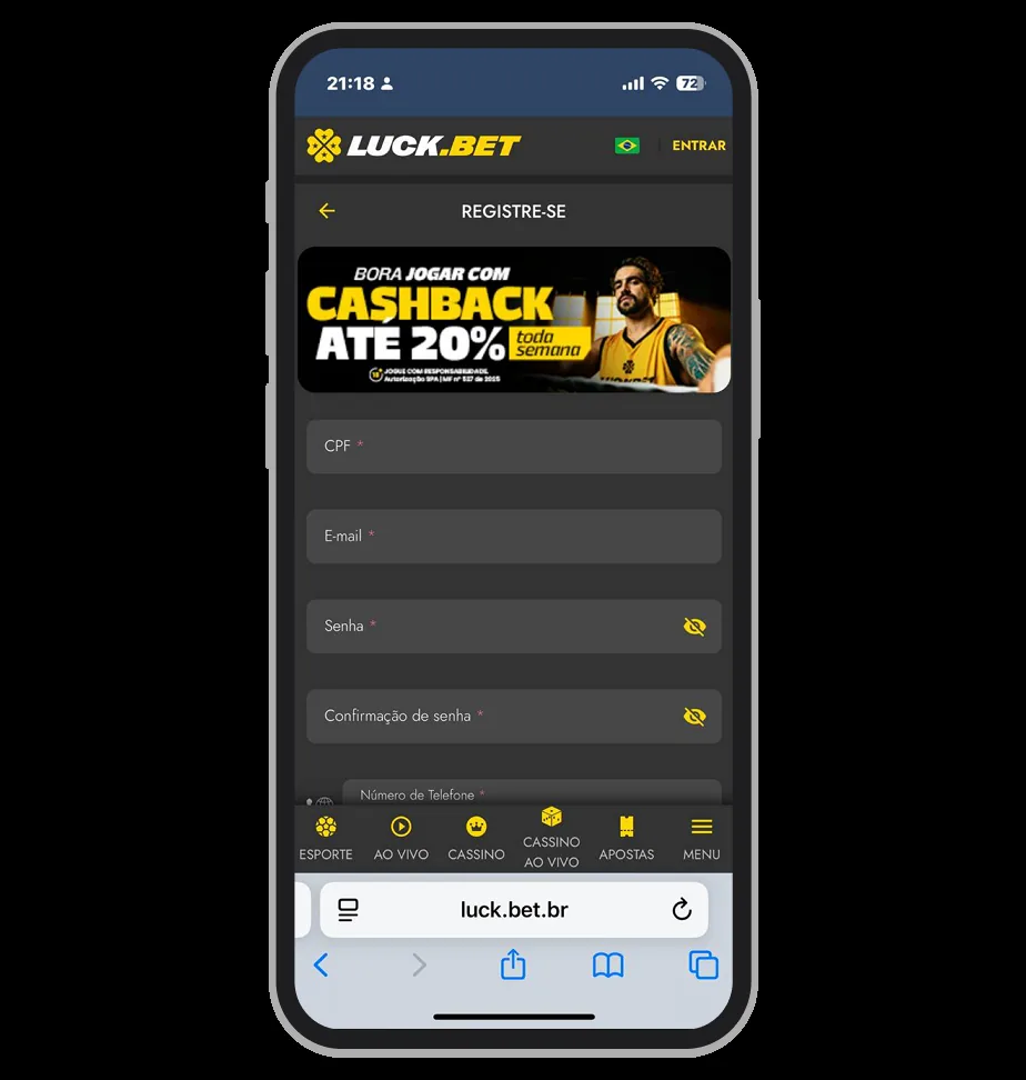 Captura editorial da tela de acesso Luckbet com logotipo e barra de endereço luck.bet.br