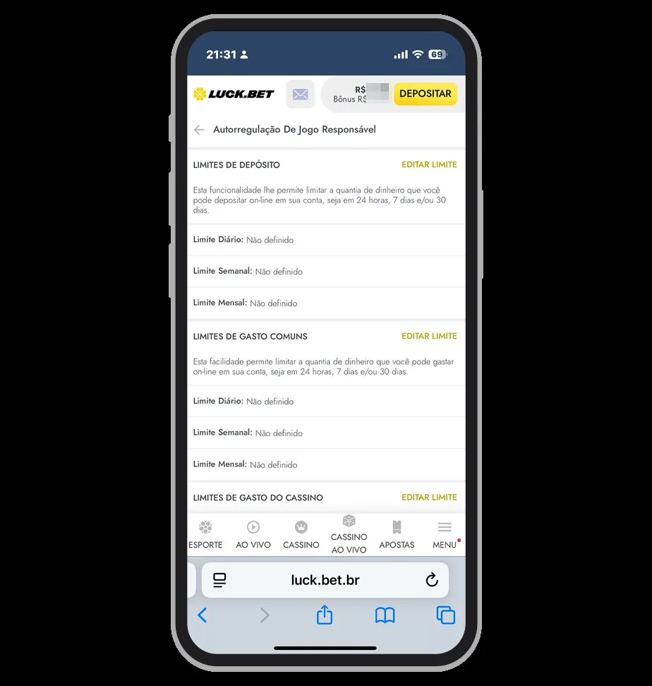 Captura editorial de controles de jogo responsável Luckbet com barra de endereço luck.bet.br