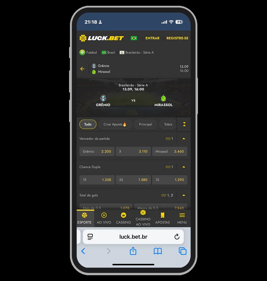 Captura editorial da interface de apostas esportivas da Luckbet com futebol, odds e barra de endereço luck.bet.br